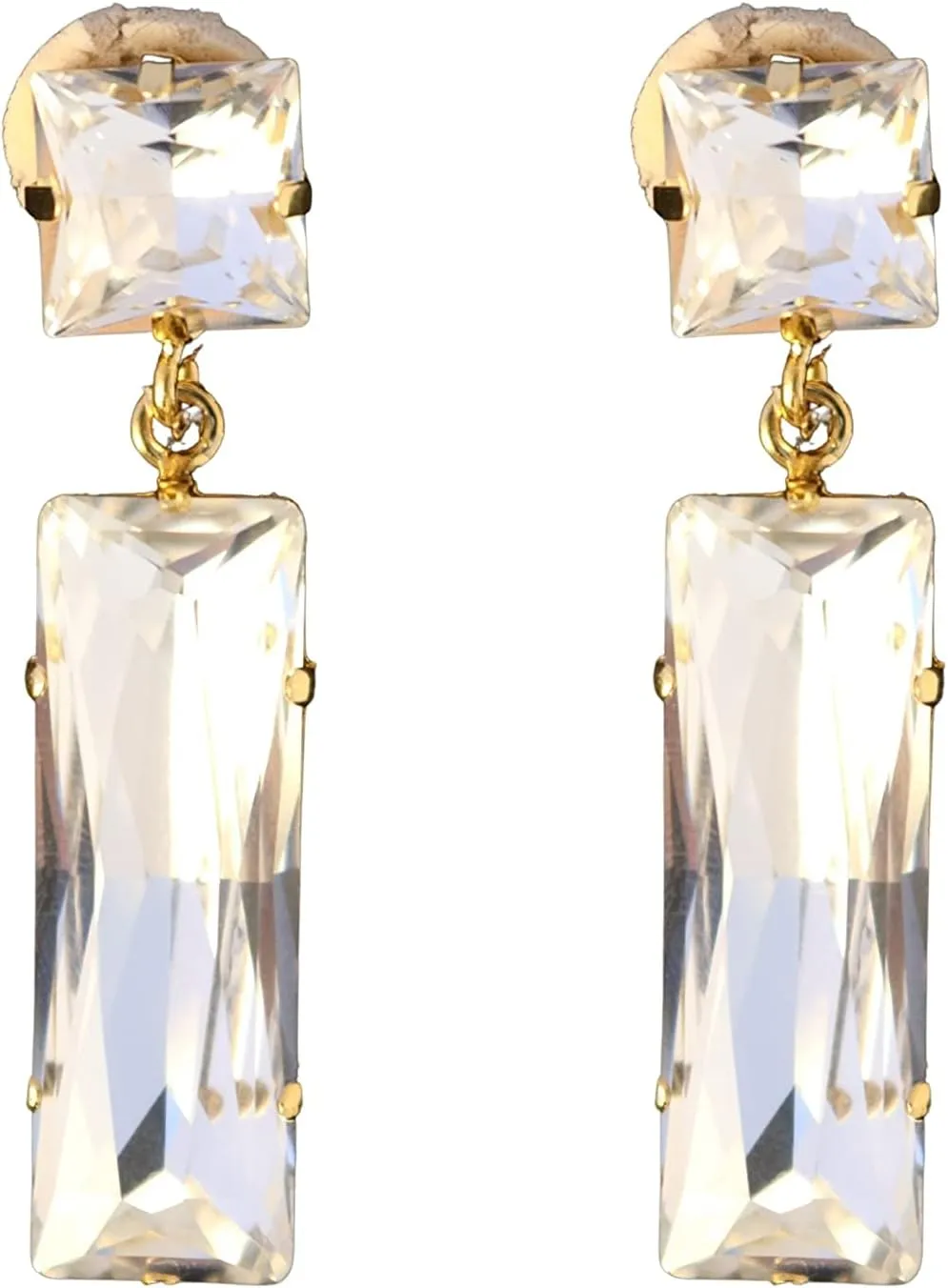 Kenneth Jay Lane Double Teardrop or Rectangle Crystal Drop Clip Earrings in Gold or Silver Settings
