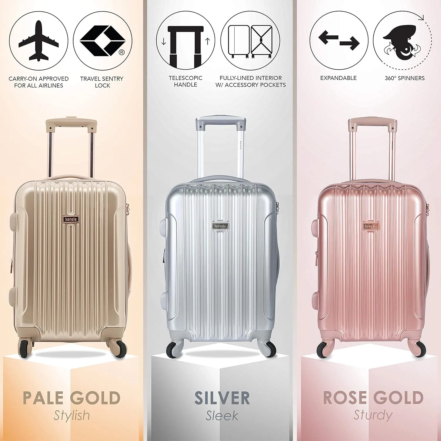 kensie Women's Alma Luggage Set, Rose Gold, 20-Inch Carry-On