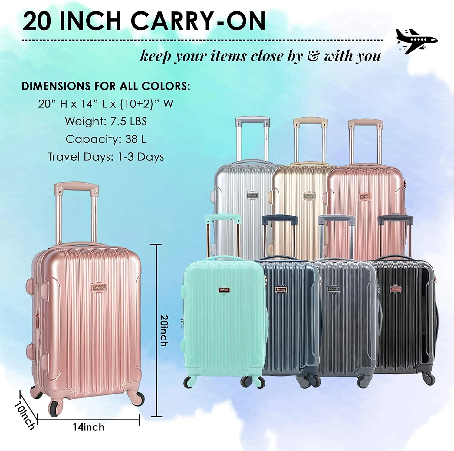 kensie Women's Alma Luggage Set, Rose Gold, 20-Inch Carry-On