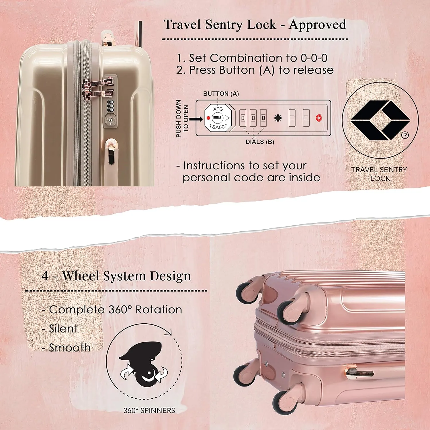 kensie Women's Alma Luggage Set, Rose Gold, 20-Inch Carry-On