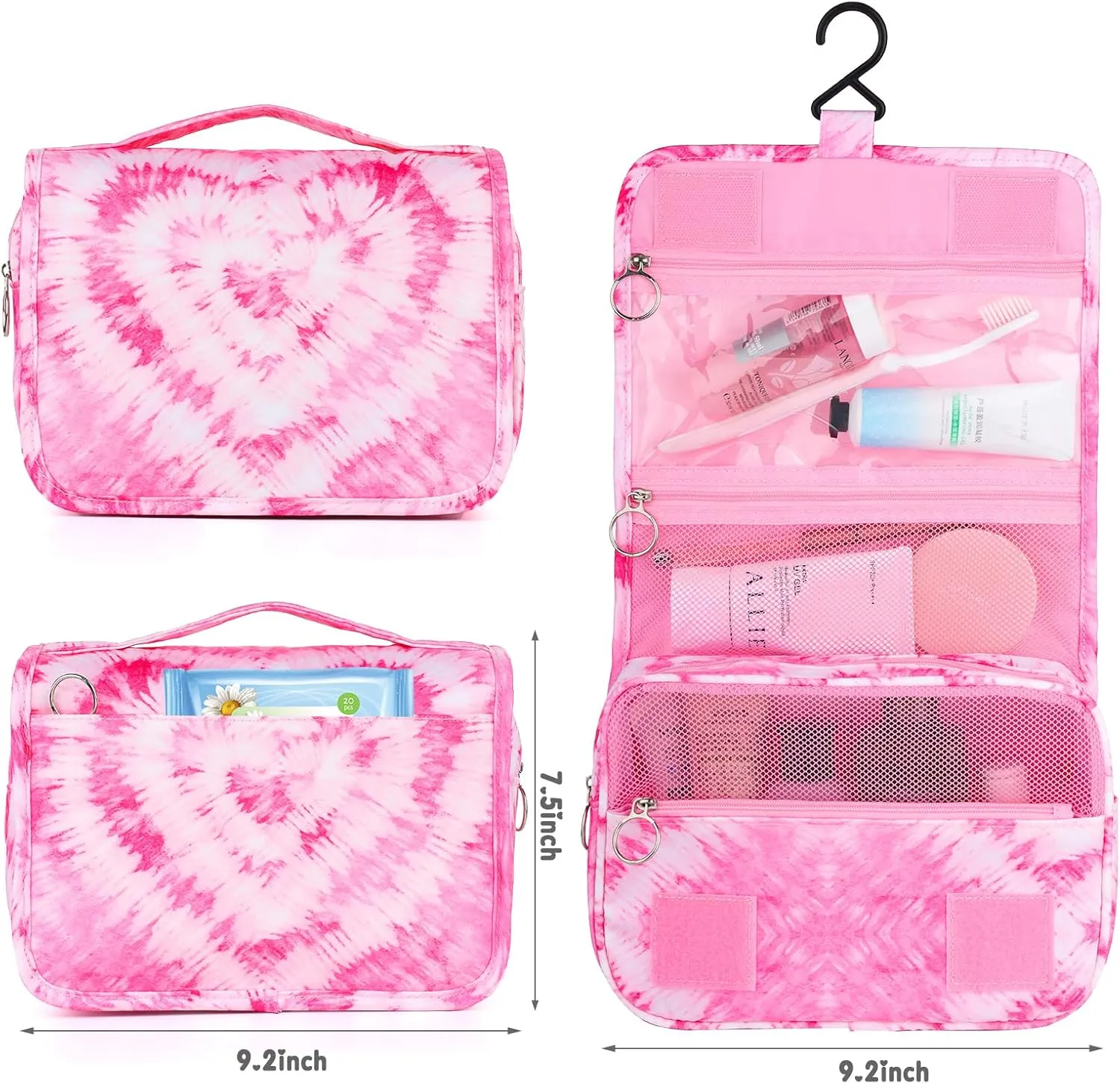 Kids Hanging Toiletry Bag for Girls, Travel Toiletry Bag for Teen Girls Cosmetic Makeup Waterproof Wash Bag Traveling Toiletries, Tie Dye Pink Heart