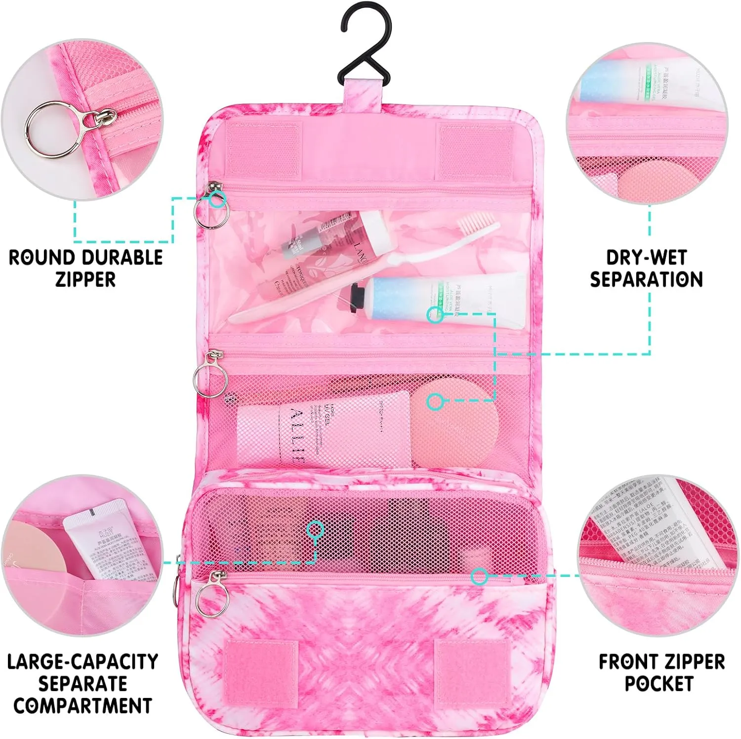 Kids Hanging Toiletry Bag for Girls, Travel Toiletry Bag for Teen Girls Cosmetic Makeup Waterproof Wash Bag Traveling Toiletries, Tie Dye Pink Heart