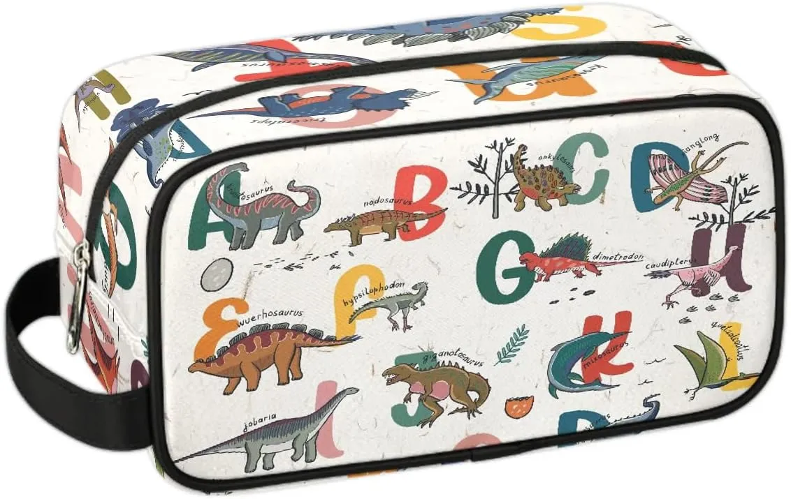 Kids Travel Toiletry Bag for Boys Men - Cartoon Dinosaur Alphabet Hanging Dopp Kit - Waterproof Shaving Bag Bathroom Bags Wash Bag for Toiletries Accessories