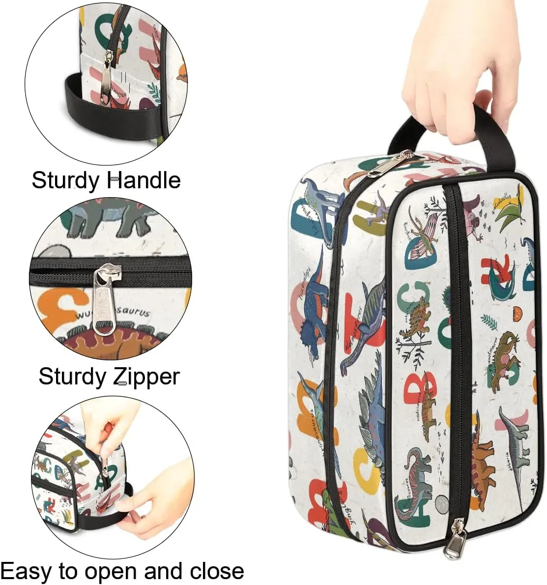 Kids Travel Toiletry Bag for Boys Men - Cartoon Dinosaur Alphabet Hanging Dopp Kit - Waterproof Shaving Bag Bathroom Bags Wash Bag for Toiletries Accessories