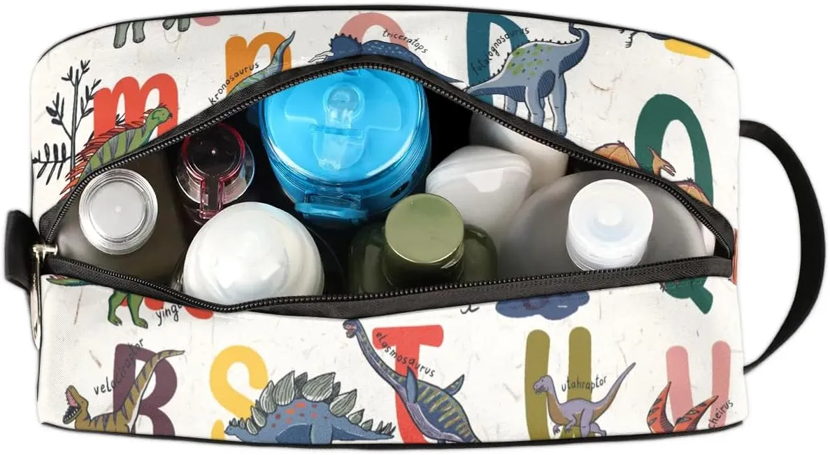 Kids Travel Toiletry Bag for Boys Men - Cartoon Dinosaur Alphabet Hanging Dopp Kit - Waterproof Shaving Bag Bathroom Bags Wash Bag for Toiletries Accessories