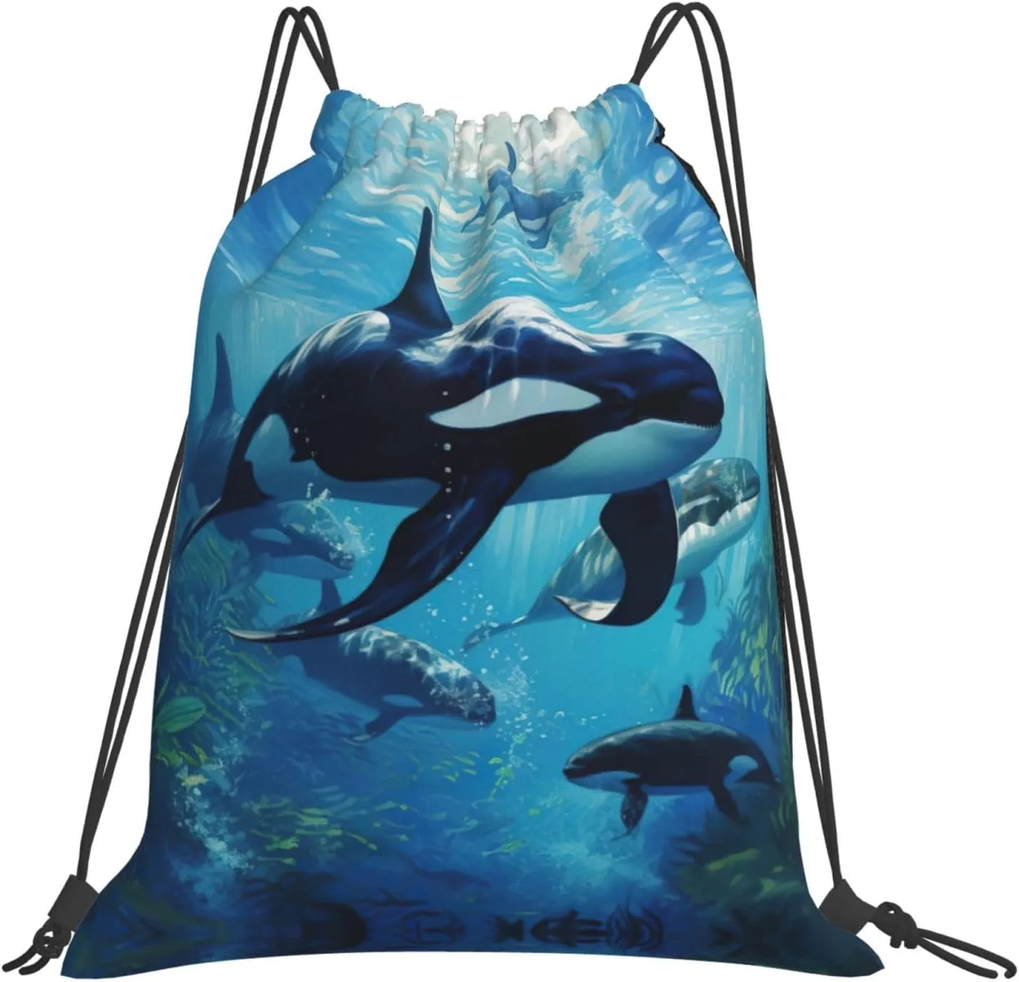 Killer Whales Swim Along print Casual drawstring backpack fitness bag, fashionable, fit for sports travel and daily use