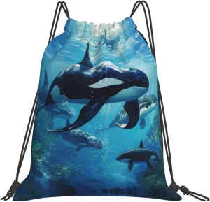 Killer Whales Swim Along print Casual drawstring backpack fitness bag, fashionable, fit for sports travel and daily use