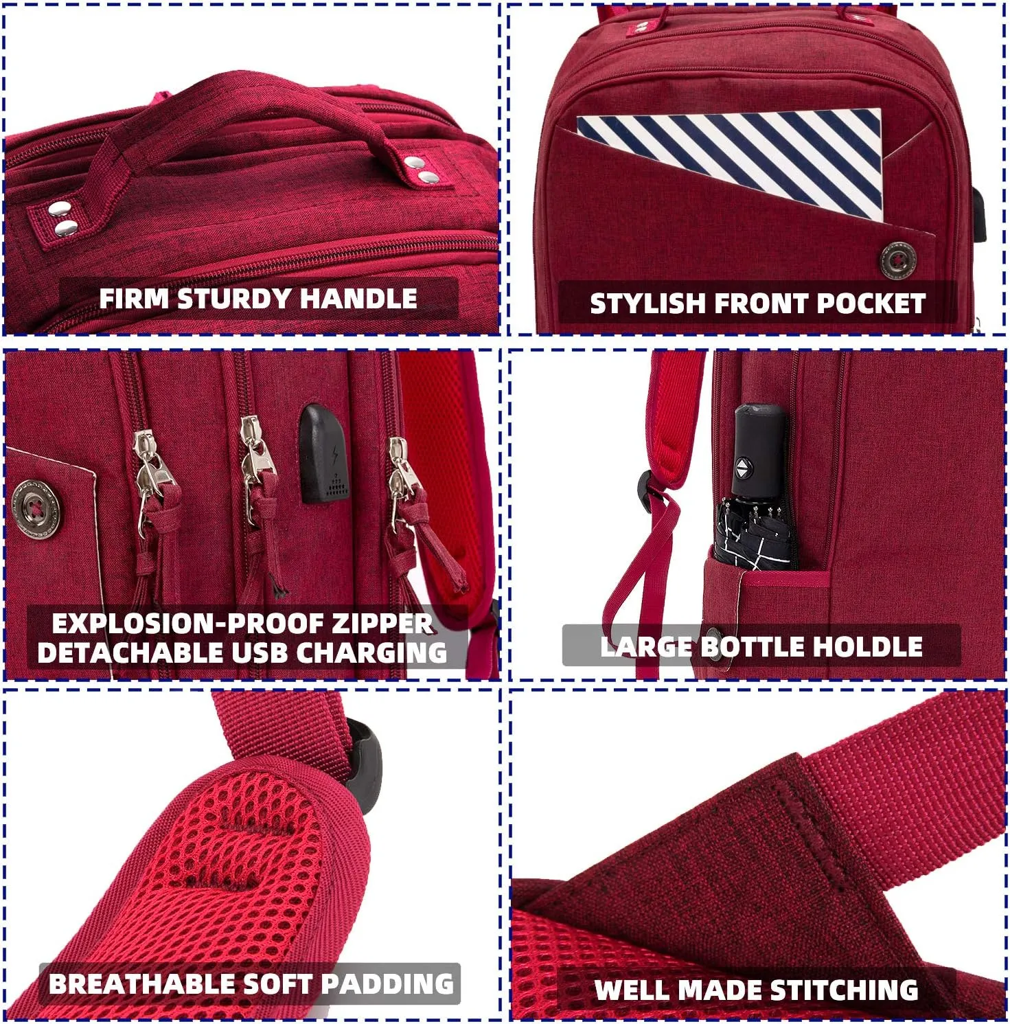 KINGSLONG Laptop Backpack for Women, Large Capacity Travel Backpack Fit 17 inch Notebook, Water Resistant Travel Backpacks with USB Charging Port for College Work Red