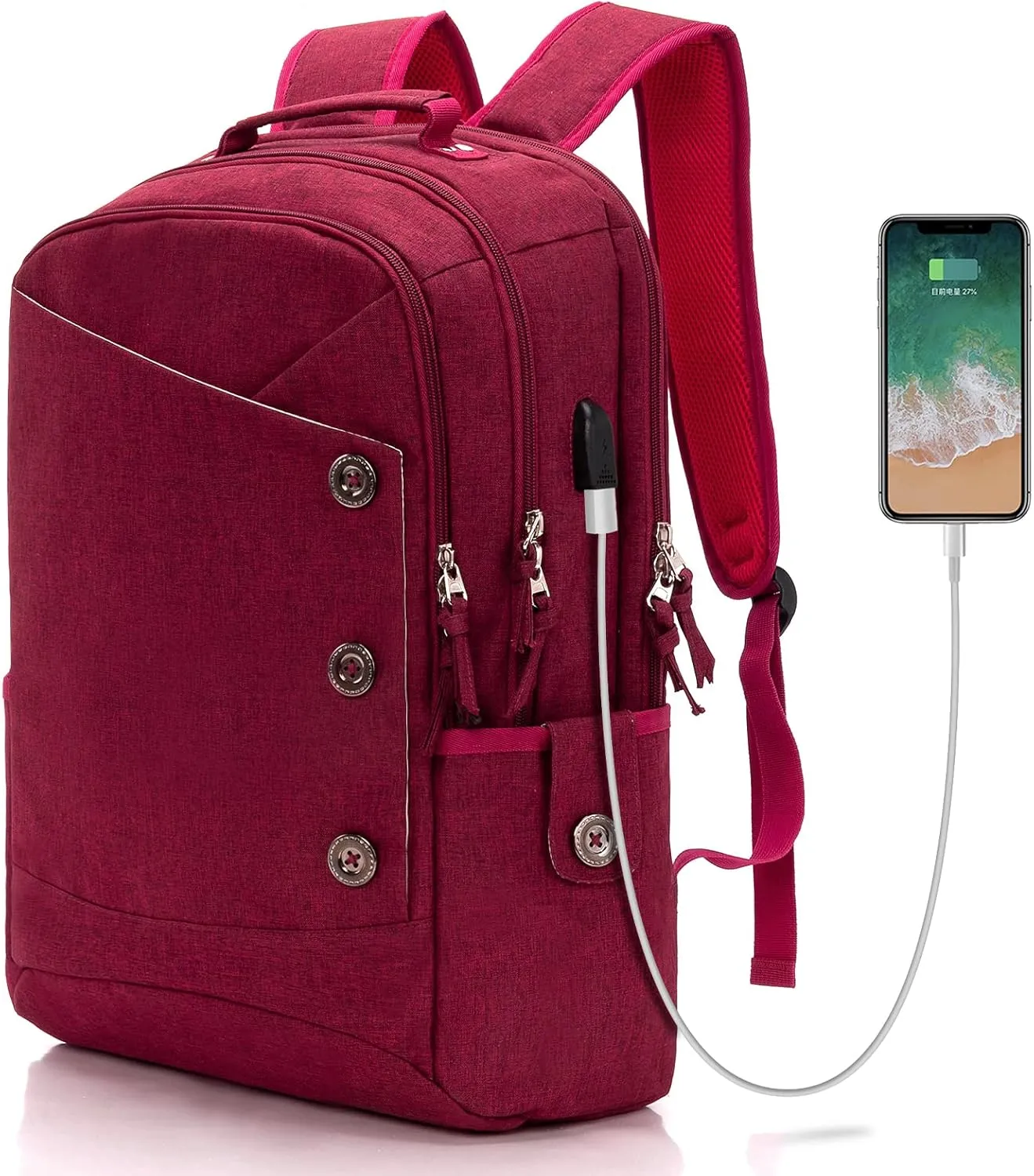 KINGSLONG Laptop Backpack for Women, Large Capacity Travel Backpack Fit 17 inch Notebook, Water Resistant Travel Backpacks with USB Charging Port for College Work Red