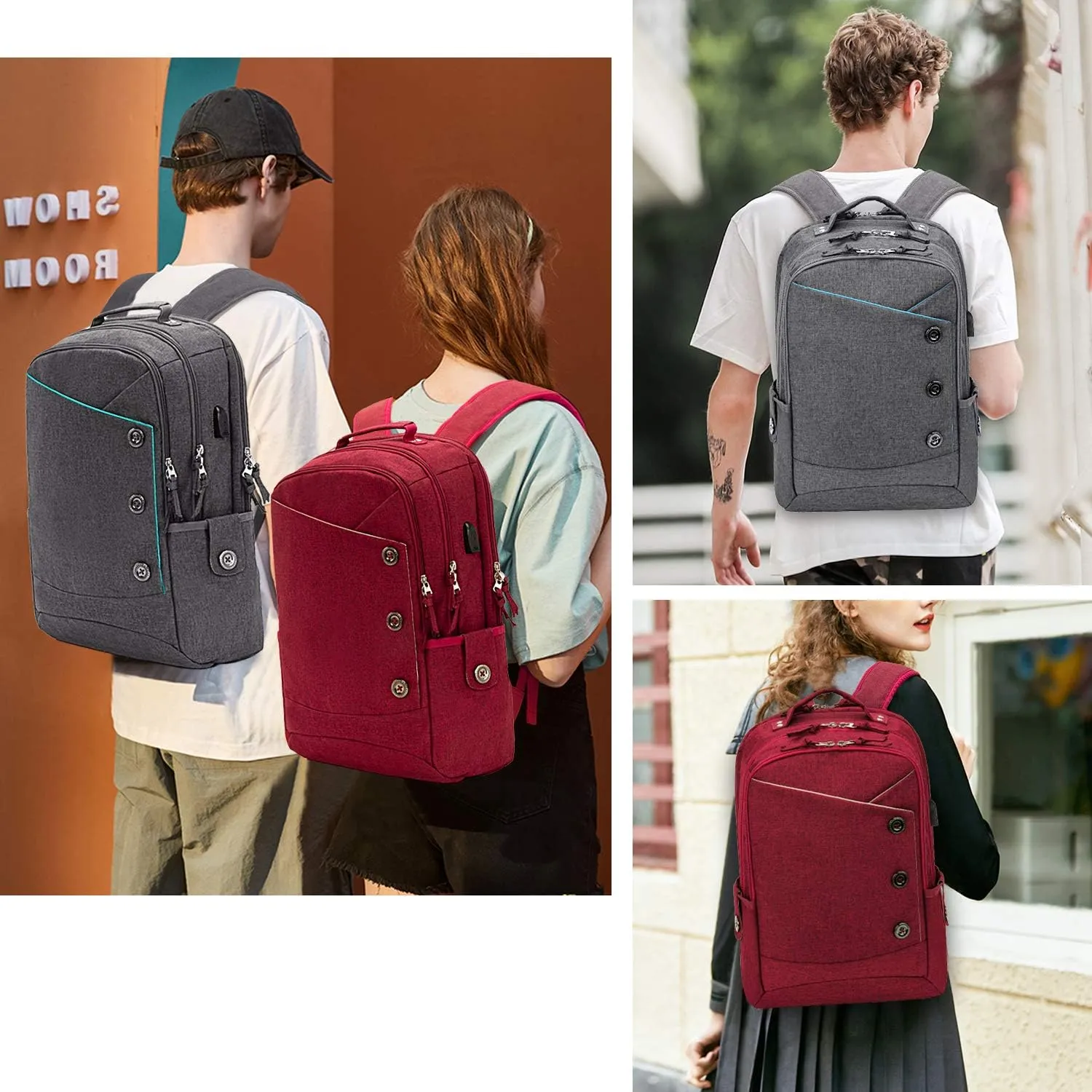 KINGSLONG Laptop Backpack for Women, Large Capacity Travel Backpack Fit 17 inch Notebook, Water Resistant Travel Backpacks with USB Charging Port for College Work Red