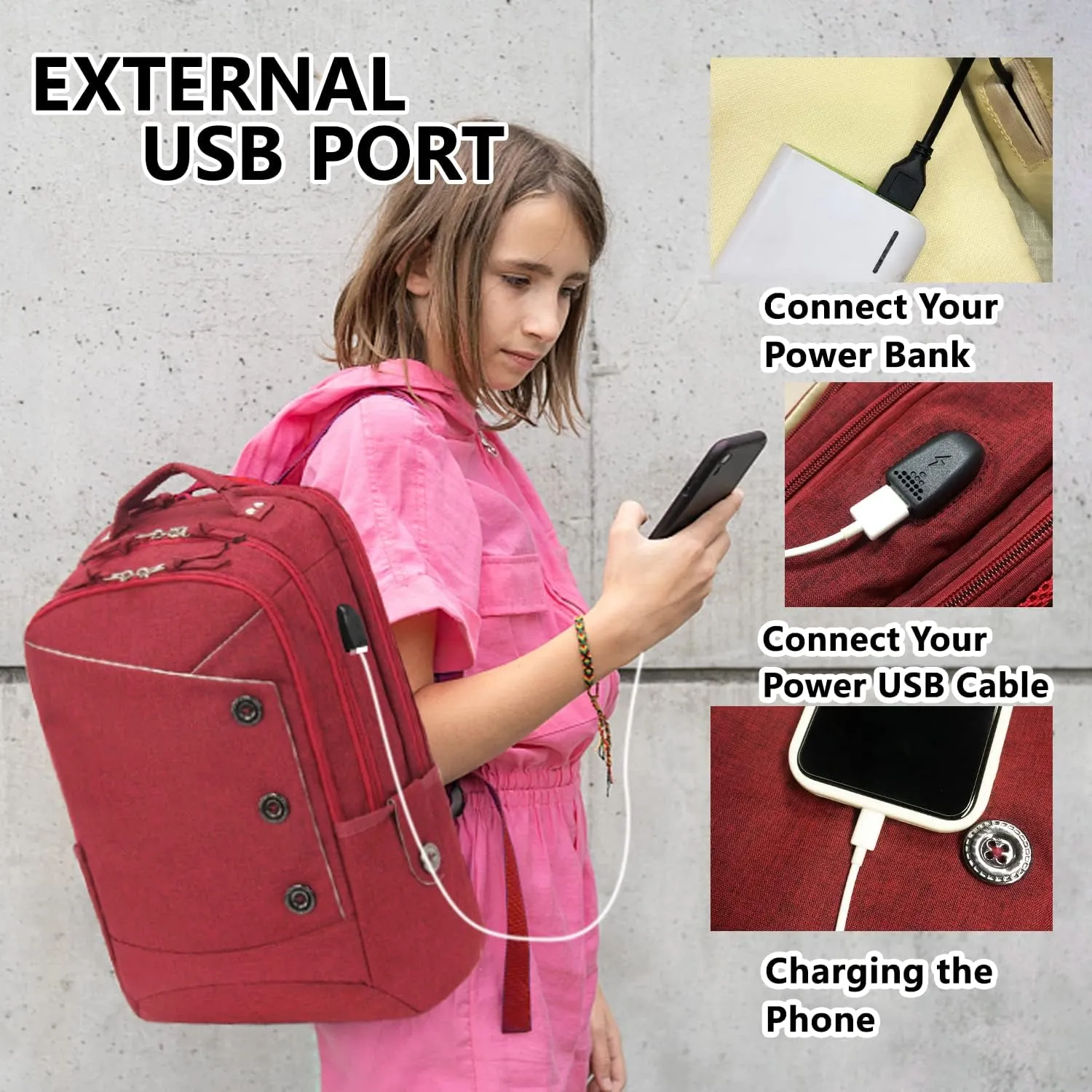 KINGSLONG Laptop Backpack for Women, Large Capacity Travel Backpack Fit 17 inch Notebook, Water Resistant Travel Backpacks with USB Charging Port for College Work Red