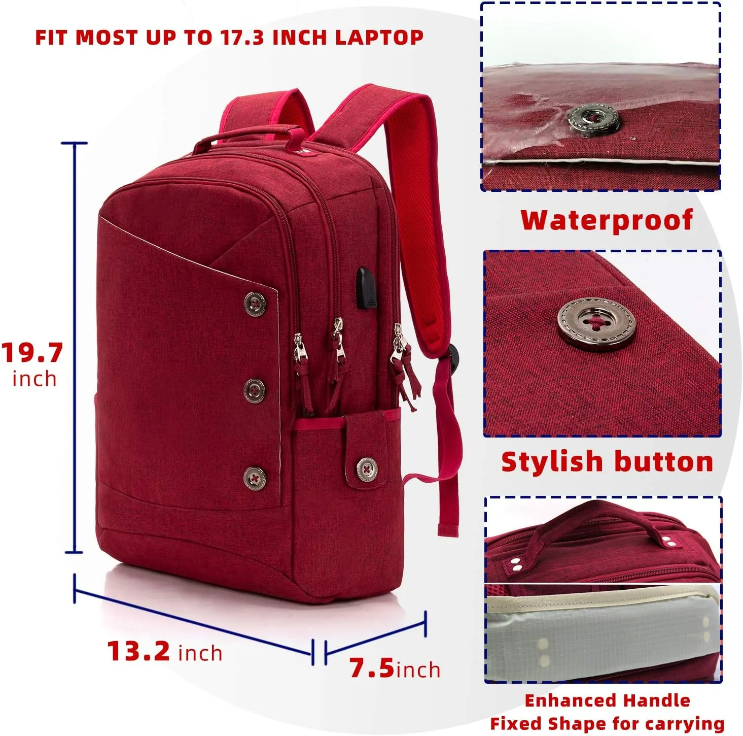 KINGSLONG Laptop Backpack for Women, Large Capacity Travel Backpack Fit 17 inch Notebook, Water Resistant Travel Backpacks with USB Charging Port for College Work Red