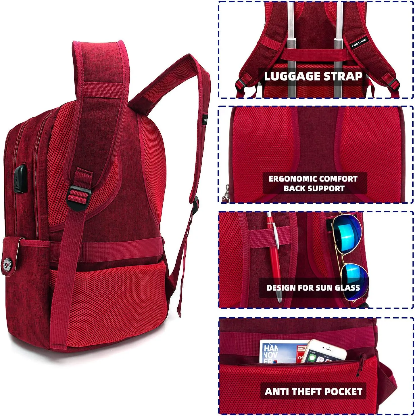 KINGSLONG Laptop Backpack for Women, Large Capacity Travel Backpack Fit 17 inch Notebook, Water Resistant Travel Backpacks with USB Charging Port for College Work Red