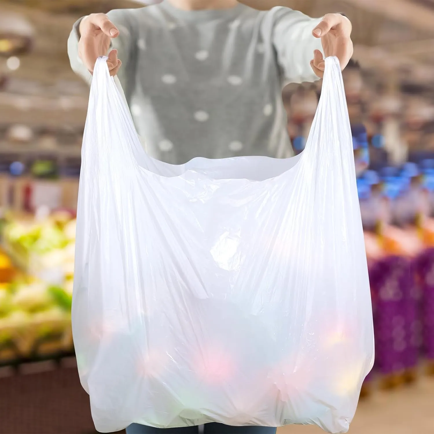 Kisston 400 Count Jumbo Size Plastic T Shirt Bags with Handles, 35 Mic, XX Large Plain Plastic T Shirt Grocery Bags, Thick and Heavy Duty (White,28" x 17")