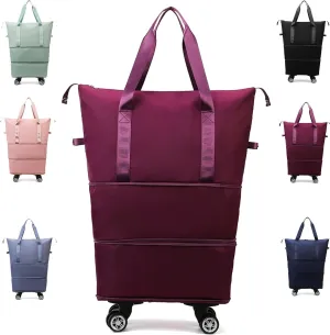 Klarson Expandable Bag, Lightweight Durable Rolling Duffles and Expandable Wheeled Carry-On Foldable Suitcase without Handle, (Burgundy)