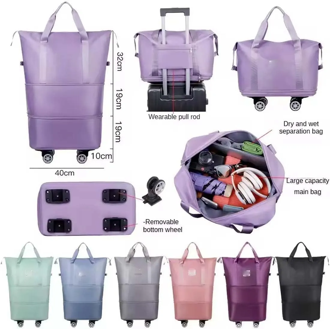 Klarson Expandable Bag with Wheels, Klarson Travel Bag, 48l Large Capacity Foldable Travel Rolling Bags with Detachable Wheels and Handle