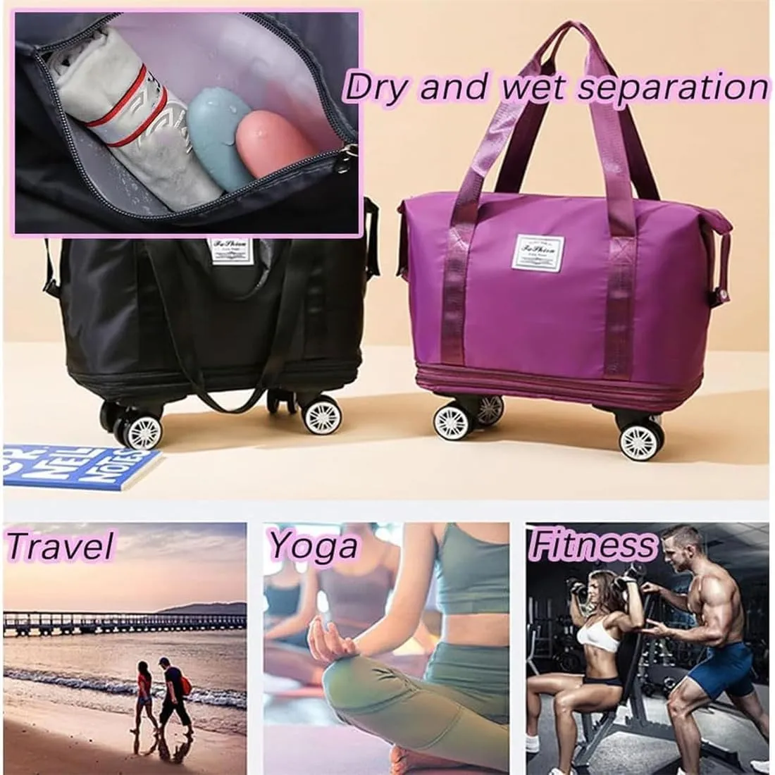 Klarson Expandable Bag with Wheels, Klarson Travel Bag, 48l Large Capacity Foldable Travel Rolling Bags with Detachable Wheels and Handle