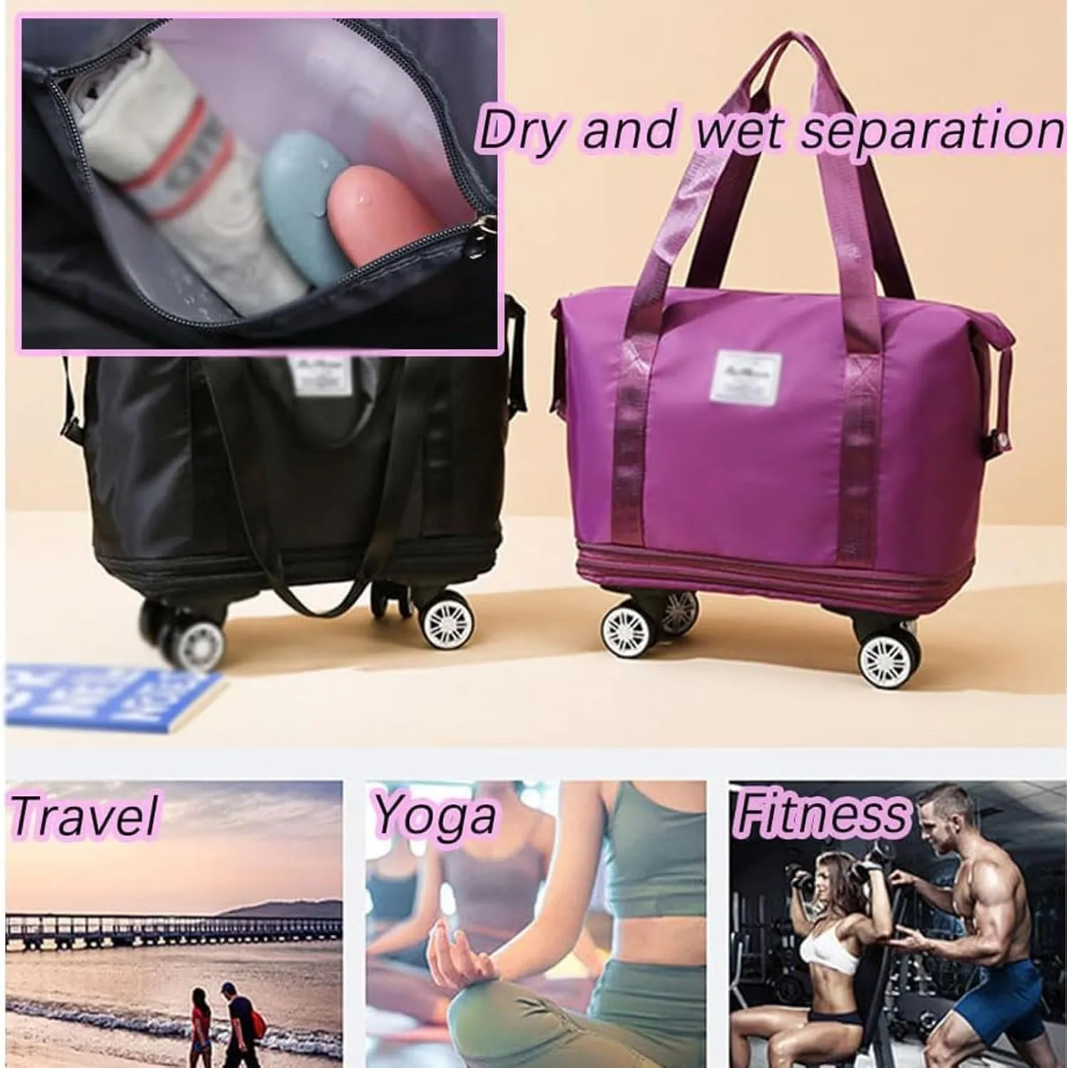 Klarson Expandable Bag with Wheels, Scratch Expandable Travel Duffle Bag with Wheels, Collapsible Rolling Duffle (Pink)