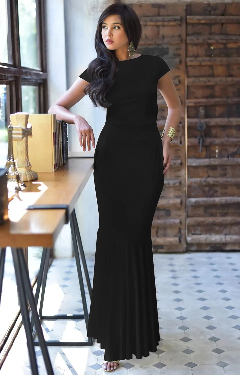 KOH KOH Womens Long Cap Sleeve Elegant Formal Sexy Evening Cocktail Maxi Dress