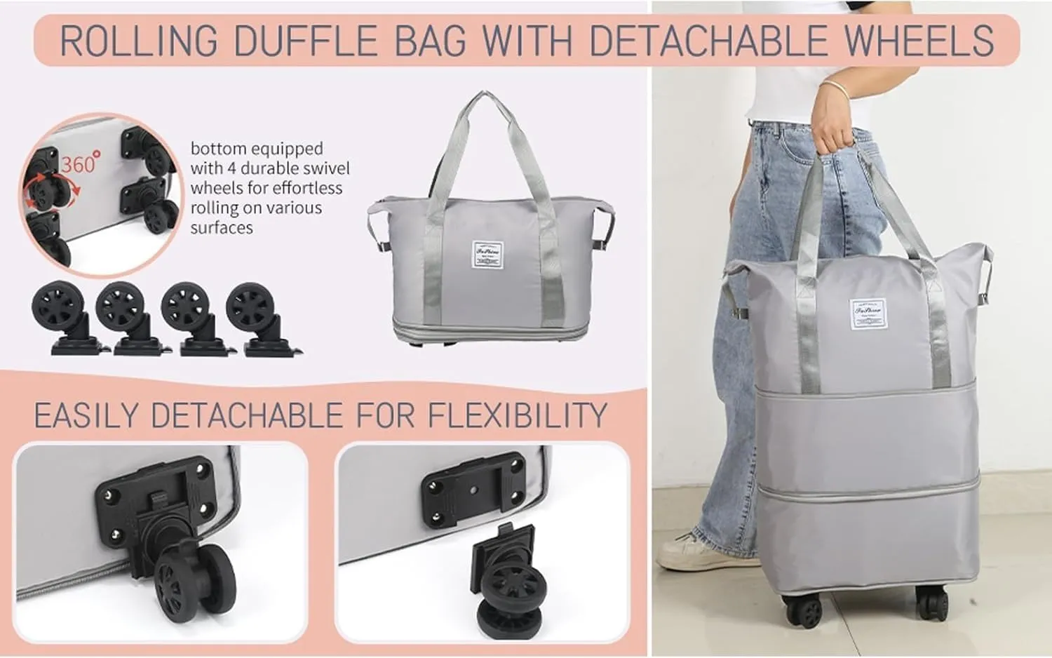 Kulken Travel Bag - 2025 New Large Travel Bag with Detachable Wheels, Expandable Large Capacity Carry-on Luggage, Foldable Duffel Bag(Light Grey)