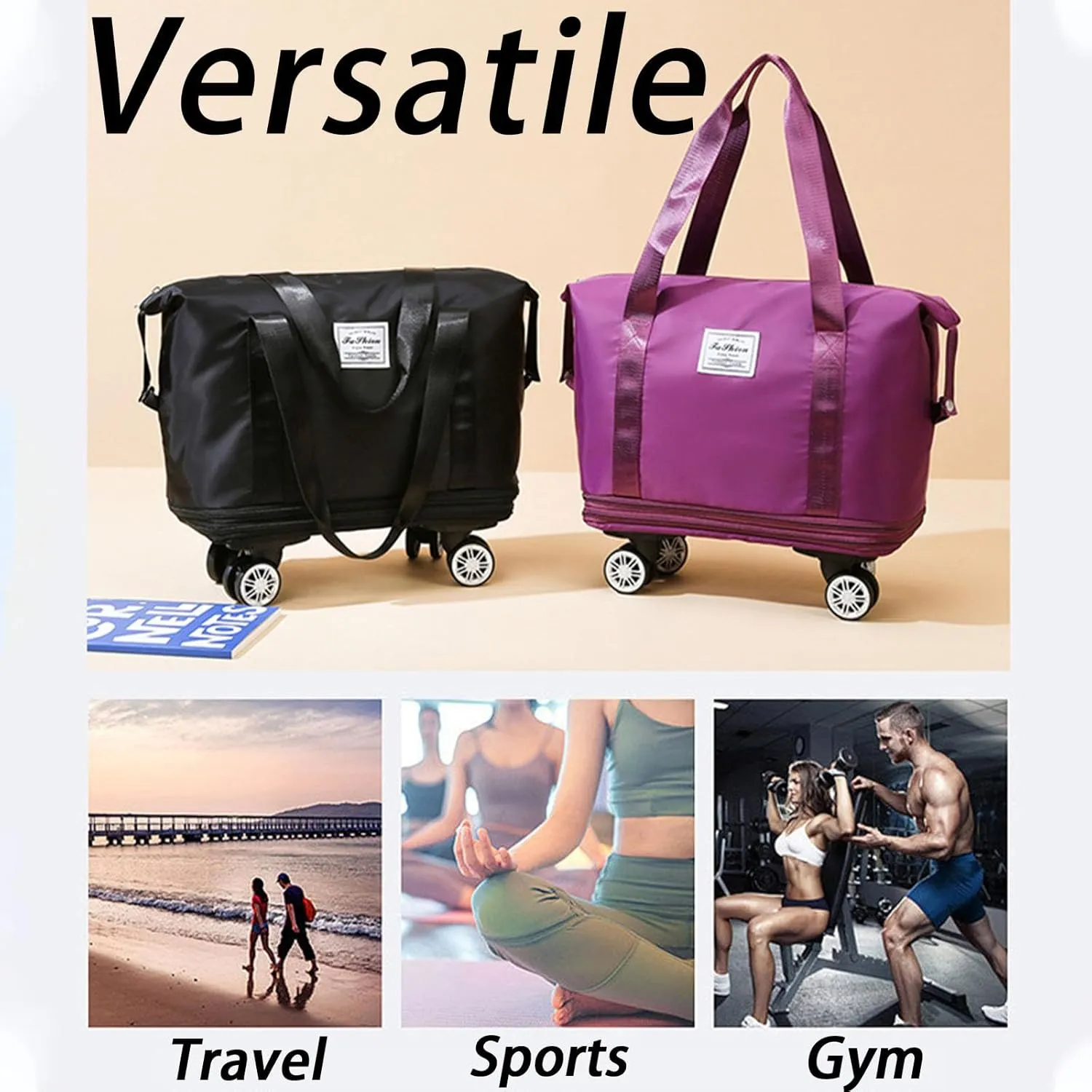 Kulken Travel Bag With Wheels, Large Capacity Travel Bags Universal Wheel, Travel Bag with Removable Wheels (Black)