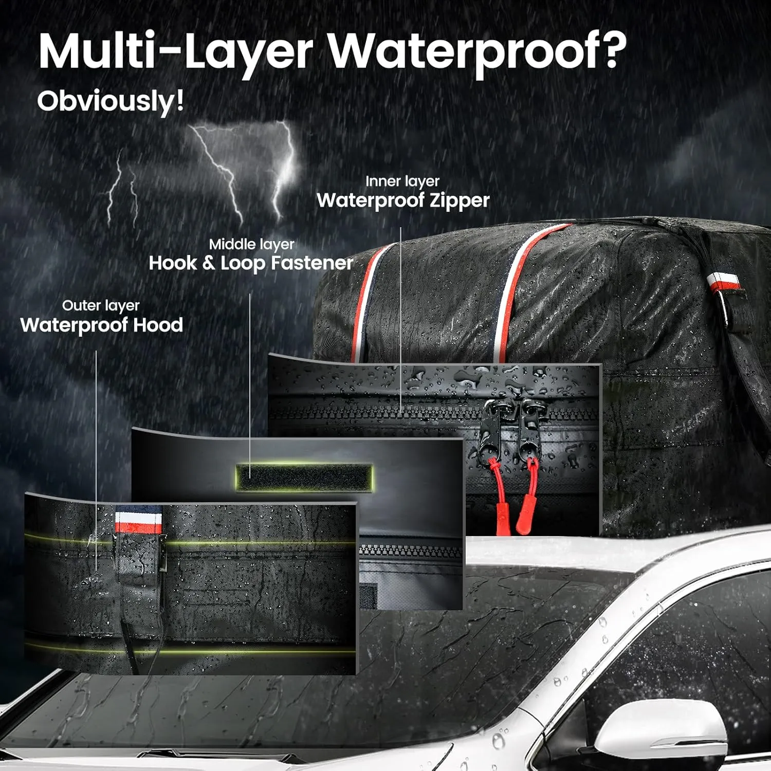 Kylinlucky Roof Cargo Bag 16 Cubic Feet – IPX6 Waterproof, 1200D Triple-Layer Armor, Universal Fit for Cars & SUVs (No Rack Needed), with 6 Hooks, Anti-Slip Mat & Storage Bag