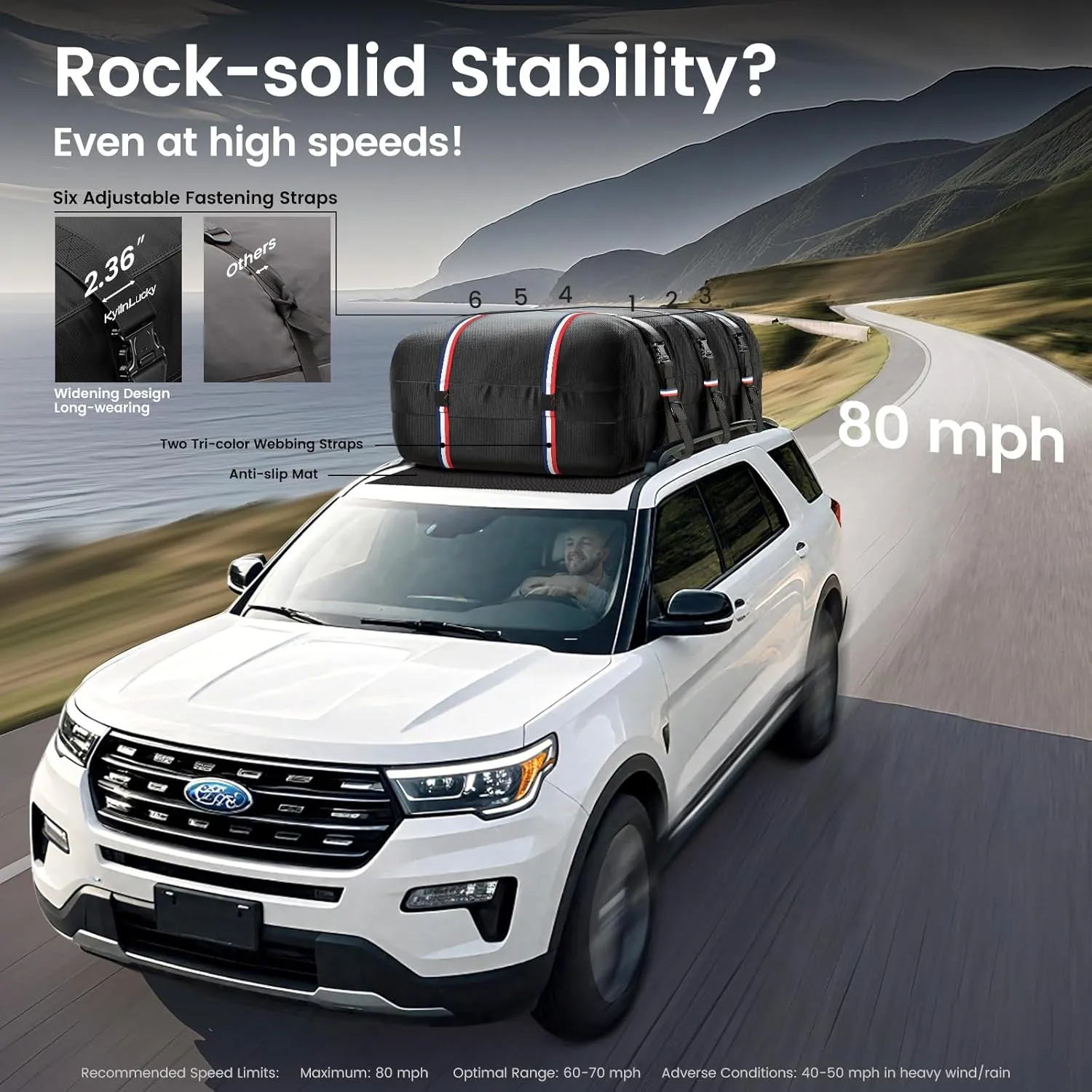 Kylinlucky Roof Cargo Bag 16 Cubic Feet – IPX6 Waterproof, 1200D Triple-Layer Armor, Universal Fit for Cars & SUVs (No Rack Needed), with 6 Hooks, Anti-Slip Mat & Storage Bag