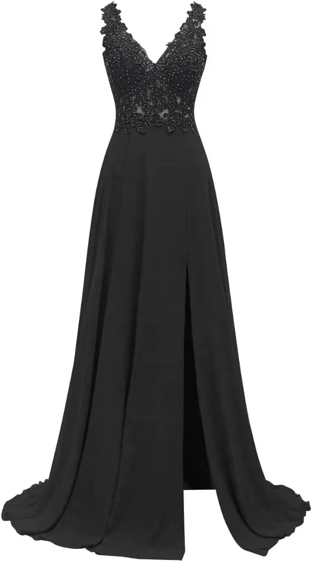 Lace Appliques Chiffon Bridesmaid Dresses 2025 Long Beaded Prom Dress A Line Formal Party Evening Gowns with Slit for Women