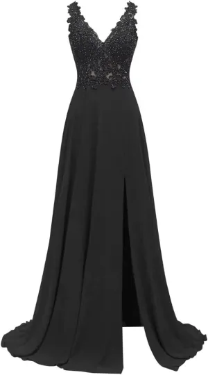 Lace Appliques Chiffon Bridesmaid Dresses 2025 Long Beaded Prom Dress A Line Formal Party Evening Gowns with Slit for Women