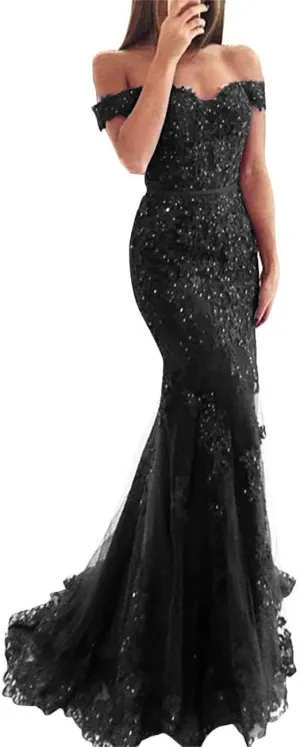 Lace Beaded Tulle Long Evening Dress Off Shoulder Mermaid Formal Party Gown