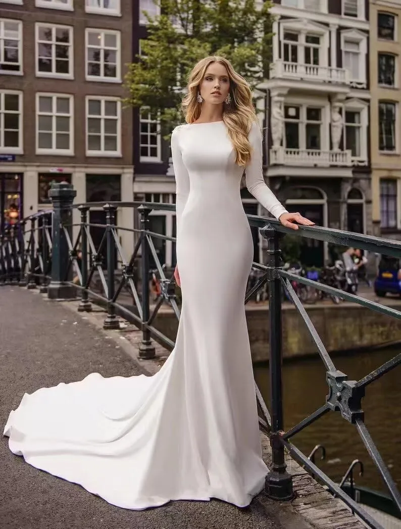 Lace Mermaid Wedding Dresses for Bride 2025 Long Sleeve Beach Bridal Gowns Satin Boho Bridal Dresses