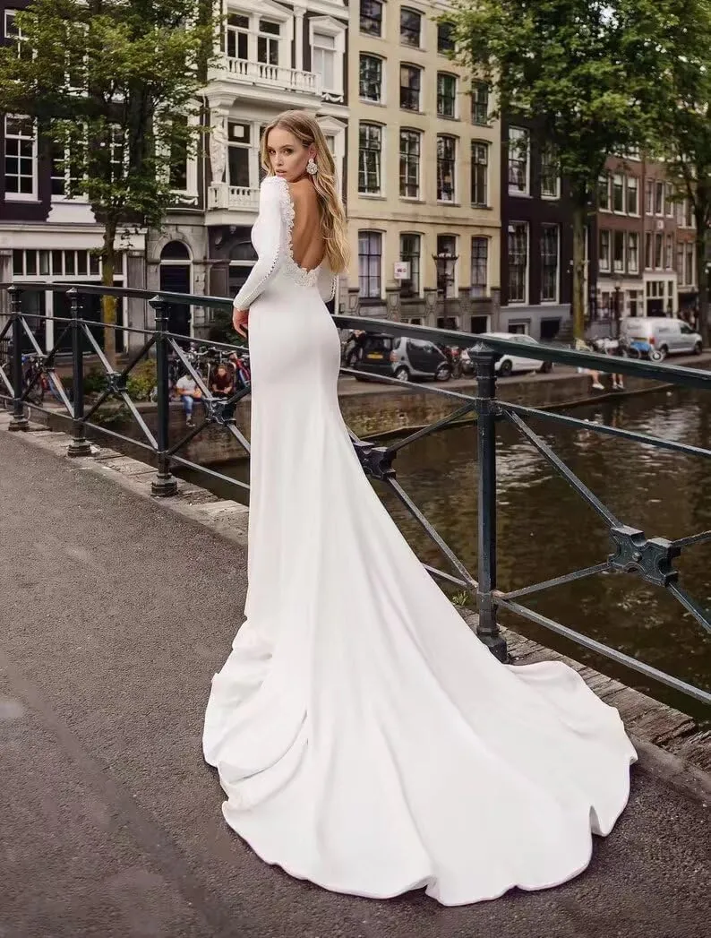 Lace Mermaid Wedding Dresses for Bride 2025 Long Sleeve Beach Bridal Gowns Satin Boho Bridal Dresses