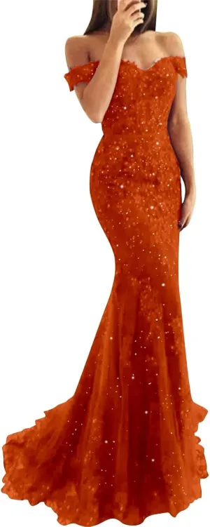 Lace Prom Dresses for Women Off Shoulder Mermaid Prom Dress Long Formal Evening Party Dress with Train PM040