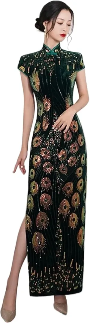 Lady Sequins Qipao Sexy Cheongsam Classic Mandarin Collar Chinese Dress Velvet Evening Party Vestidos Chinese Cheongsam
