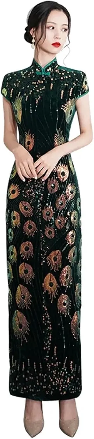 Lady Sequins Qipao Sexy Cheongsam Classic Mandarin Collar Chinese Dress Velvet Evening Party Vestidos Chinese Cheongsam