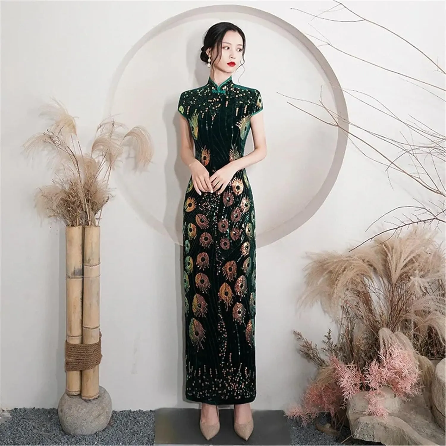Lady Sequins Qipao Sexy Cheongsam Classic Mandarin Collar Chinese Dress Velvet Evening Party Vestidos Chinese Cheongsam