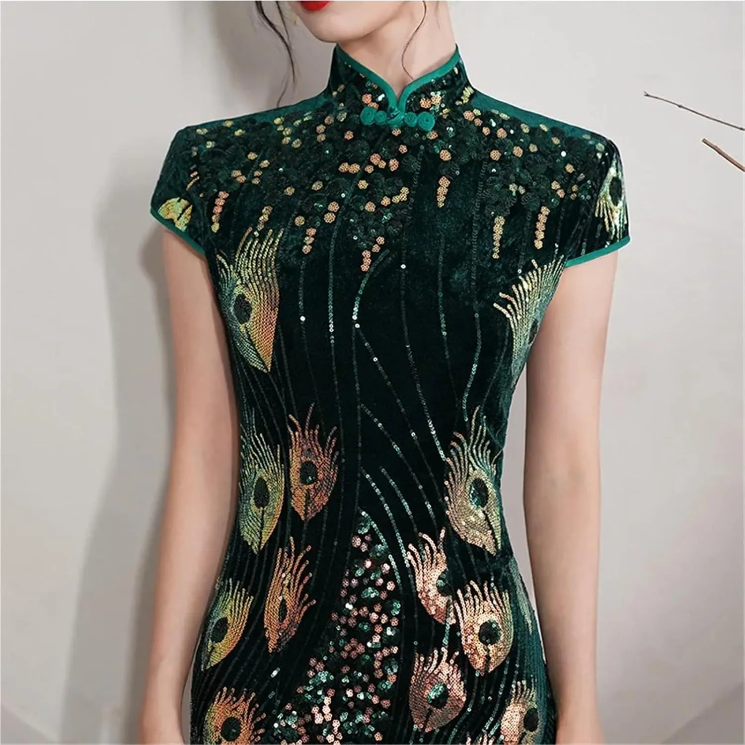 Lady Sequins Qipao Sexy Cheongsam Classic Mandarin Collar Chinese Dress Velvet Evening Party Vestidos Chinese Cheongsam