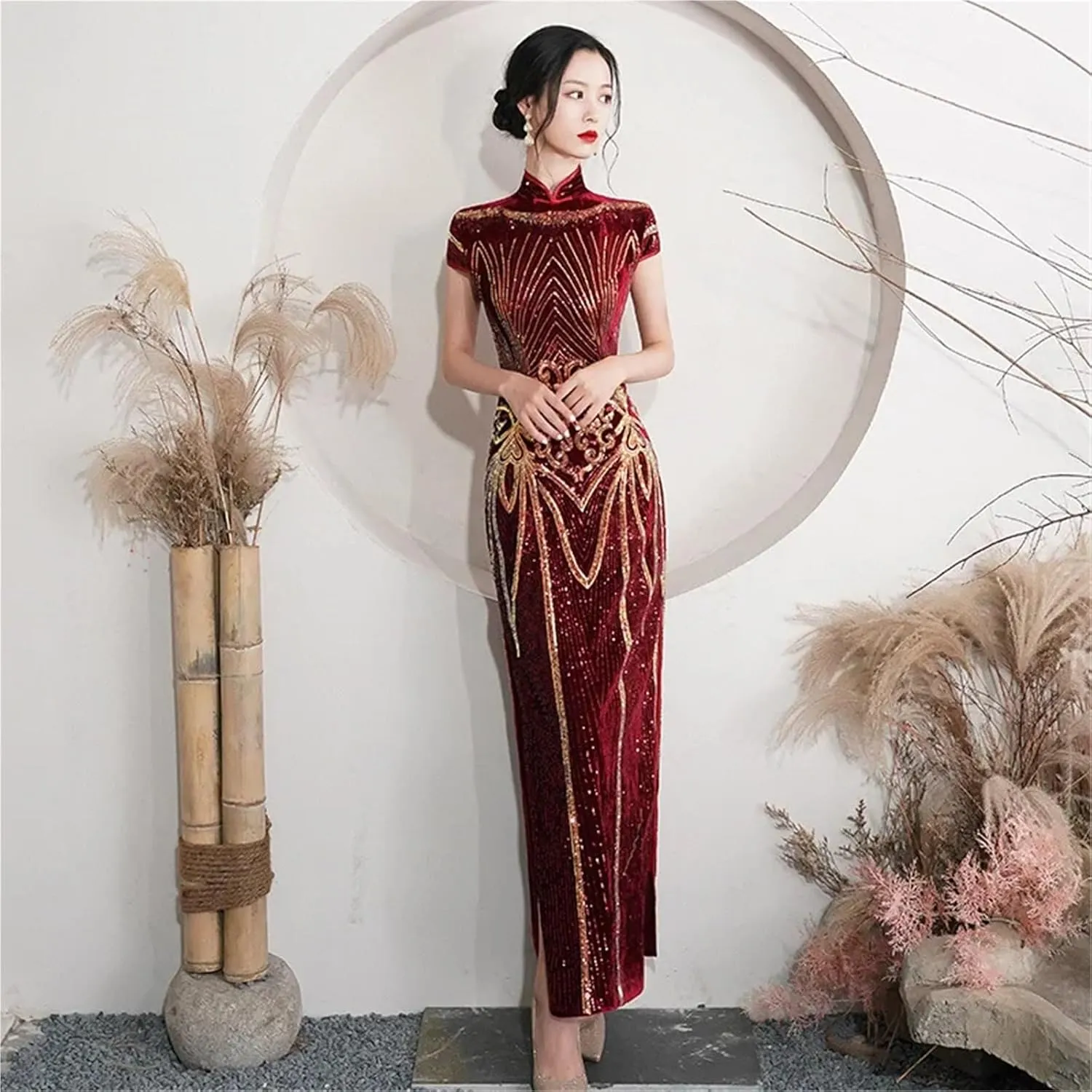 Lady Sequins Qipao Sexy Cheongsam Classic Mandarin Collar Chinese Dress Velvet Evening Party Vestidos Chinese Cheongsam