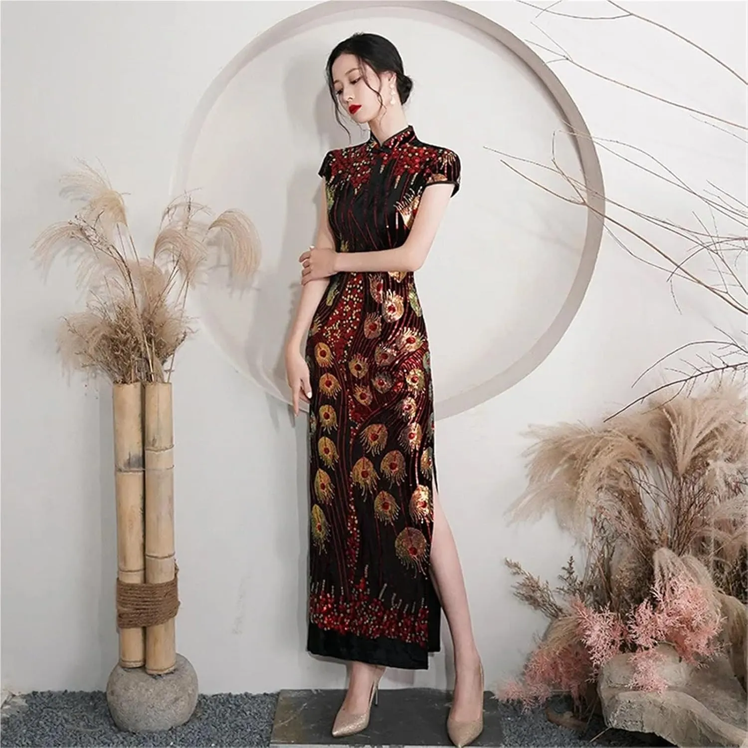 Lady Sequins Qipao Sexy Cheongsam Classic Mandarin Collar Chinese Dress Velvet Evening Party Vestidos Chinese Cheongsam