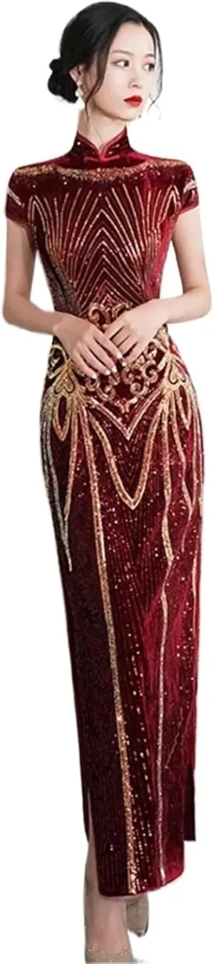 Lady Sequins Qipao Sexy Cheongsam Classic Mandarin Collar Chinese Dress Velvet Evening Party Vestidos Chinese Cheongsam
