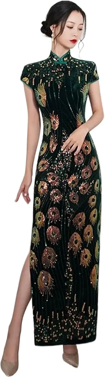 Lady Sequins Qipao Sexy Cheongsam Classic Mandarin Collar Chinese Dress Velvet Evening Party Vestidos Chinese Cheongsam