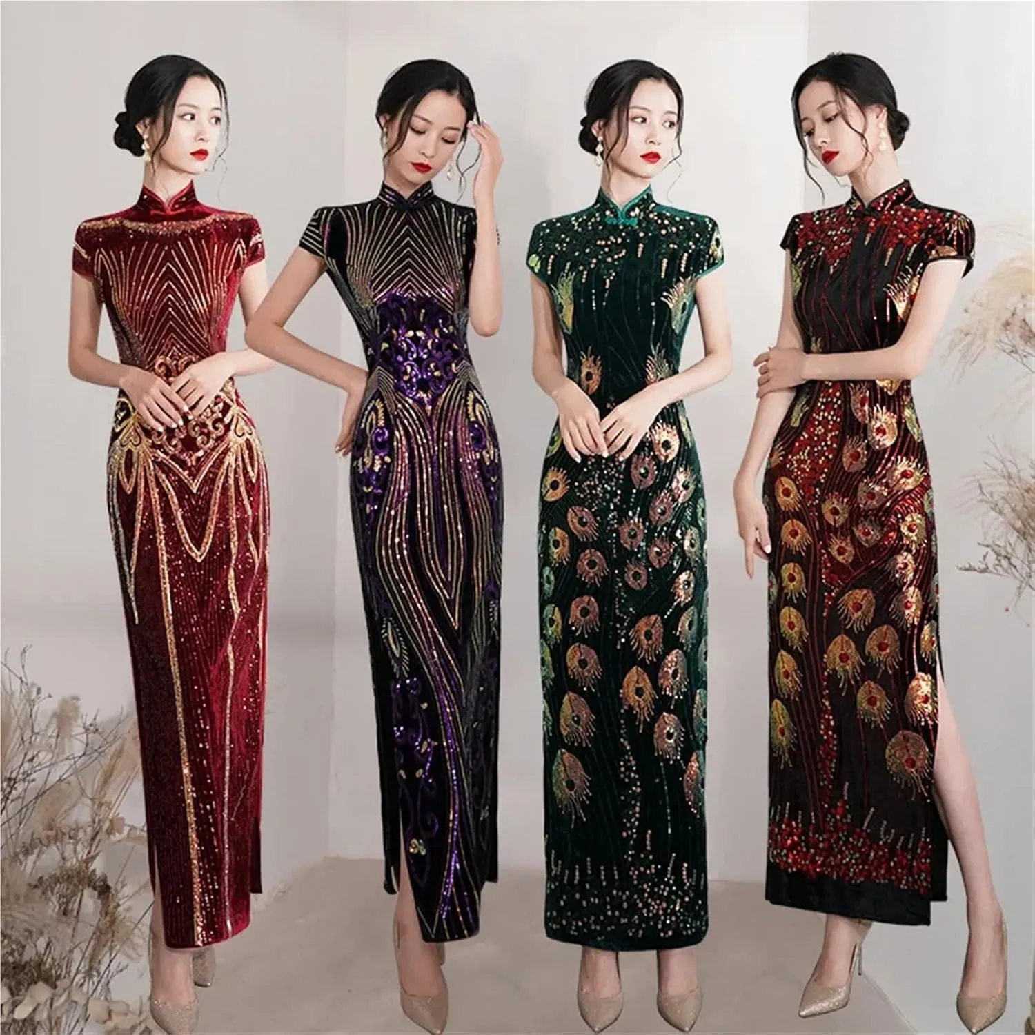 Lady Sequins Qipao Sexy Cheongsam Classic Mandarin Collar Chinese Dress Velvet Evening Party Vestidos Chinese Cheongsam
