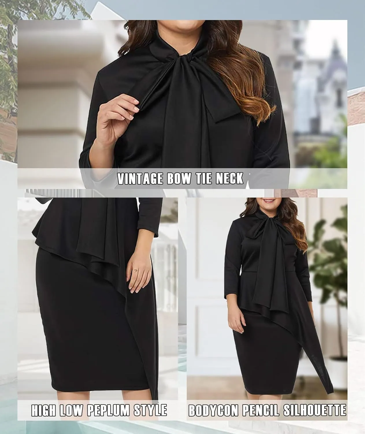 LALAGEN Women's Plus Size Long Sleeve Peplum Tie Neck Bodycon Pencil Midi Dress