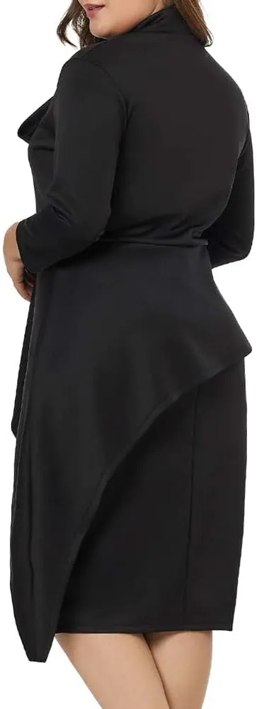 LALAGEN Women's Plus Size Long Sleeve Peplum Tie Neck Bodycon Pencil Midi Dress