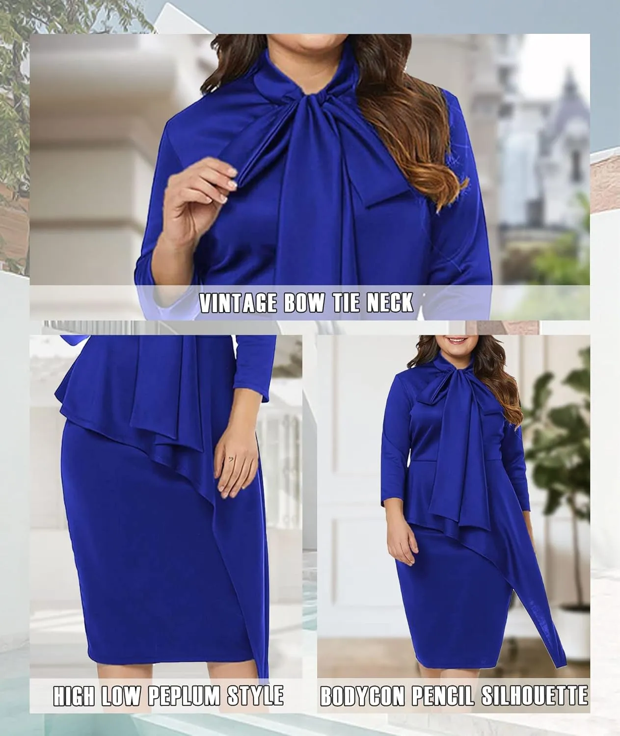 LALAGEN Women's Plus Size Long Sleeve Peplum Tie Neck Bodycon Pencil Midi Dress