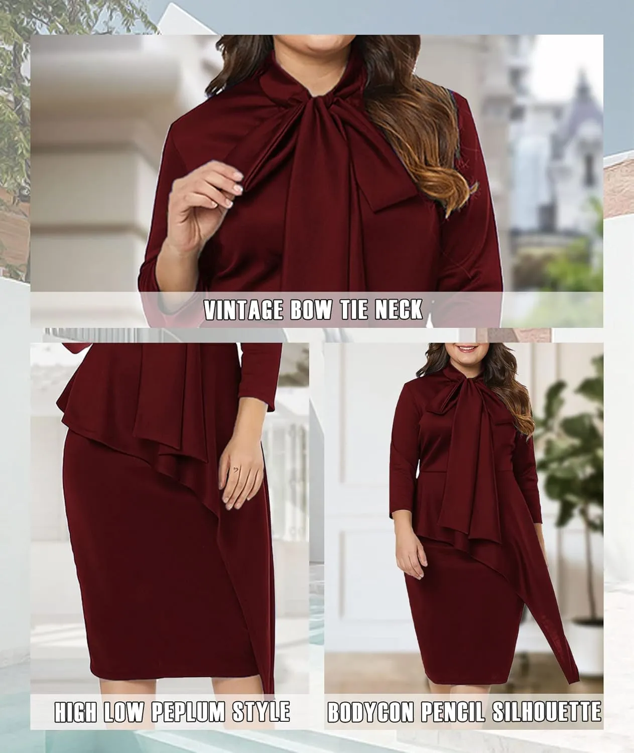 LALAGEN Women's Plus Size Long Sleeve Peplum Tie Neck Bodycon Pencil Midi Dress