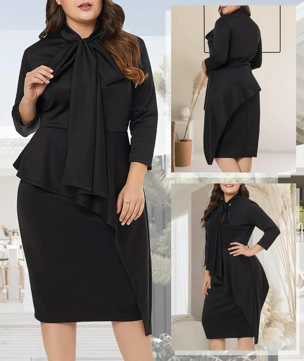 LALAGEN Women's Plus Size Long Sleeve Peplum Tie Neck Bodycon Pencil Midi Dress