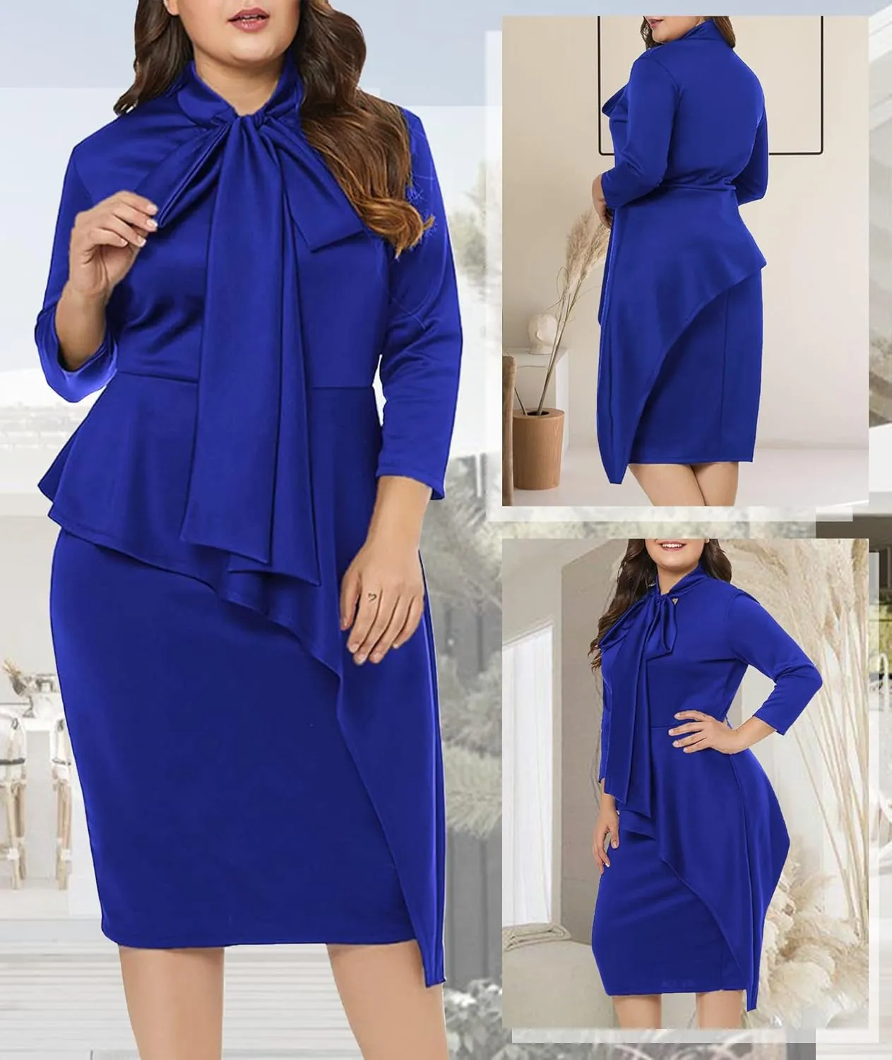 LALAGEN Women's Plus Size Long Sleeve Peplum Tie Neck Bodycon Pencil Midi Dress