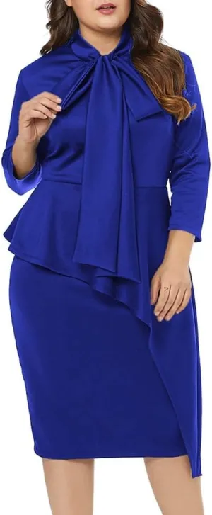 LALAGEN Women's Plus Size Long Sleeve Peplum Tie Neck Bodycon Pencil Midi Dress