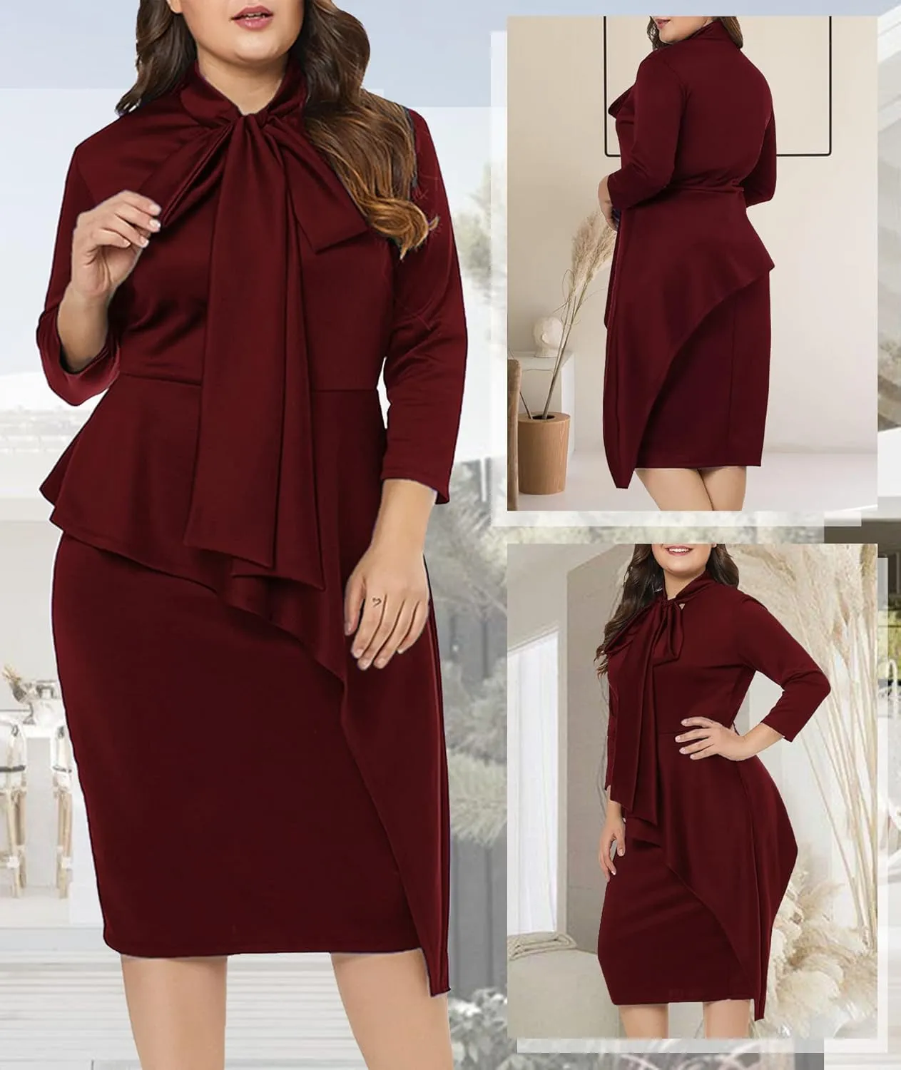 LALAGEN Women's Plus Size Long Sleeve Peplum Tie Neck Bodycon Pencil Midi Dress